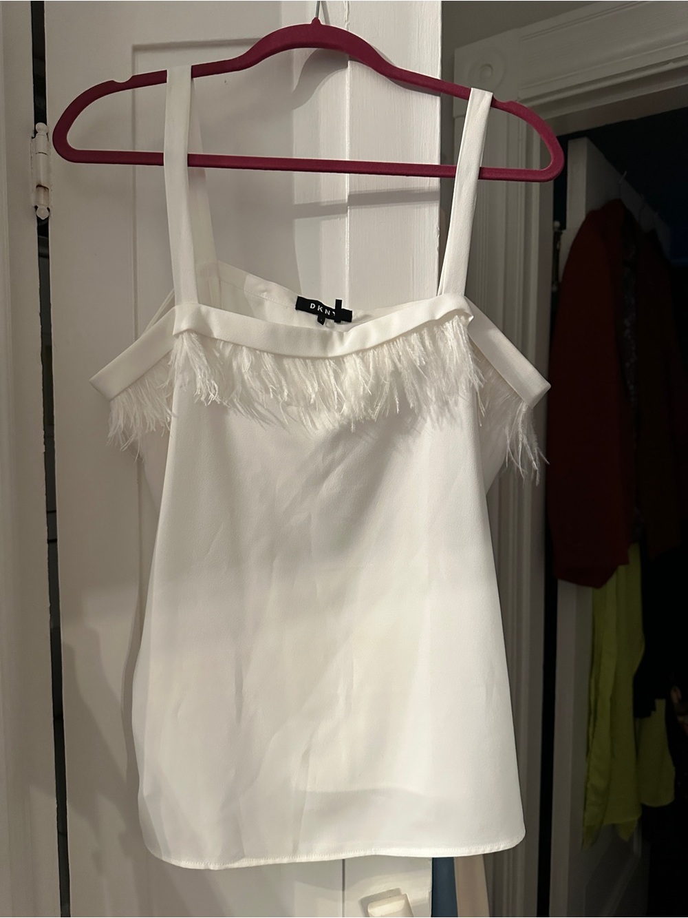 DKNY White Ostrich Feather-Trim Camisole Top